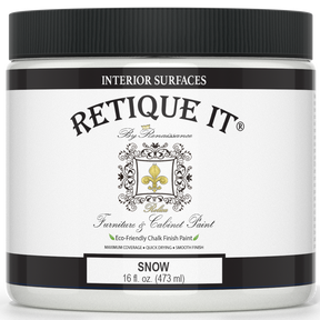 Jar of Retique It furniture paint labeled 'Snow' on a white background
