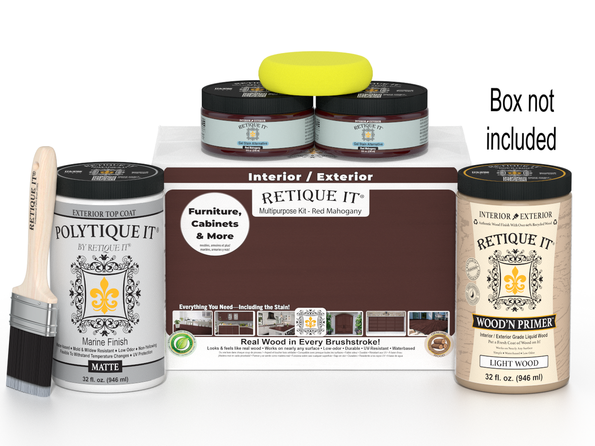 Retique It wood care products including paint, primer, and a brush on a white background.
