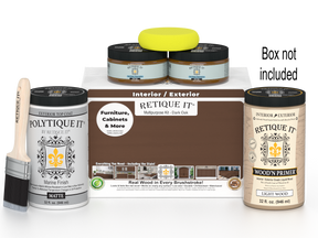 Retique It paint kit with paint cans, a brush, and packaging on a white background