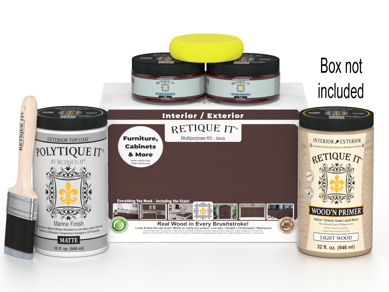 Retique It paint kit with jars, a brush, and packaging on a white background