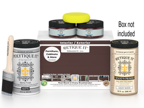 Retique It paint kit with jars, a brush, and packaging on a white background