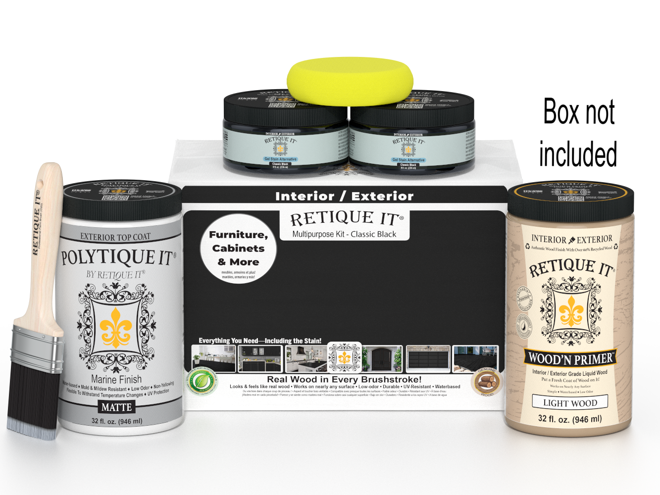 Painting kit with paint cans, a brush, and a box labeled 'Retique It' on a white background.