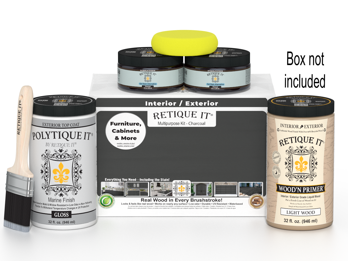 Retique It paint kit with cans, a brush, and packaging on a white background