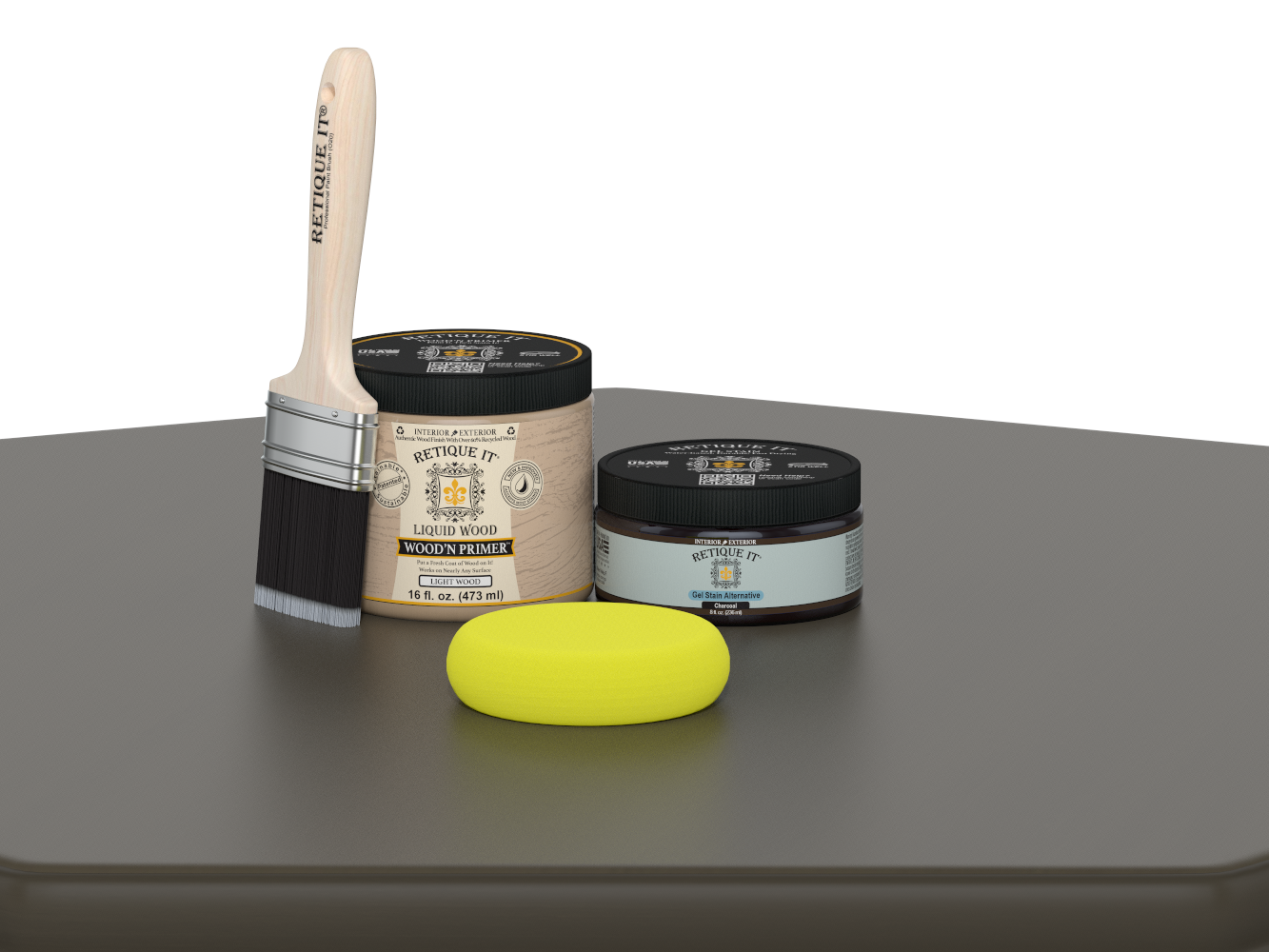 Paintbrush, wooden primer jar, and yellow sponge on a gray surface with a white background