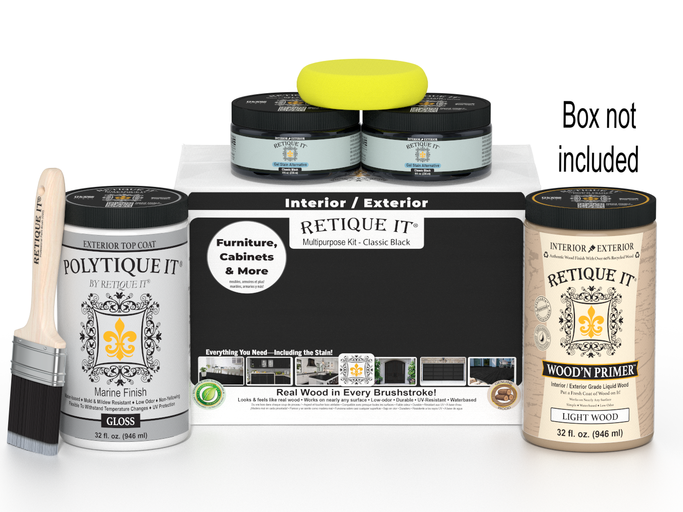 Retique It paint kit with cans, a brush, and packaging on a white background