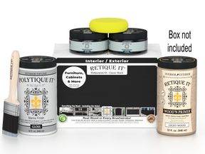 Retique It paint kit with cans, a brush, and packaging on a white background