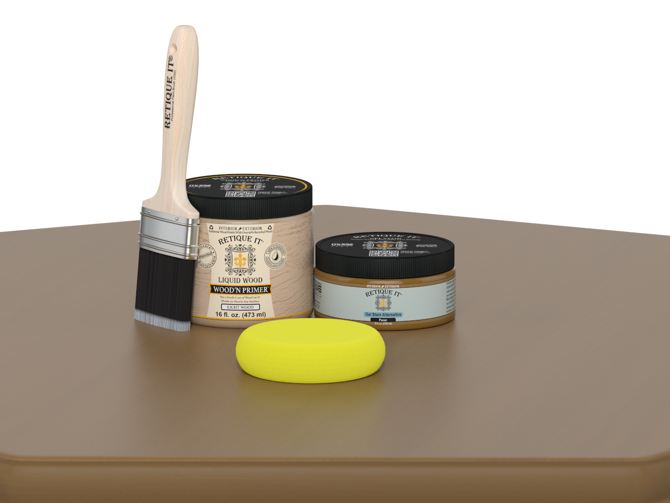 Wood primer and brush set on a brown surface with a white background