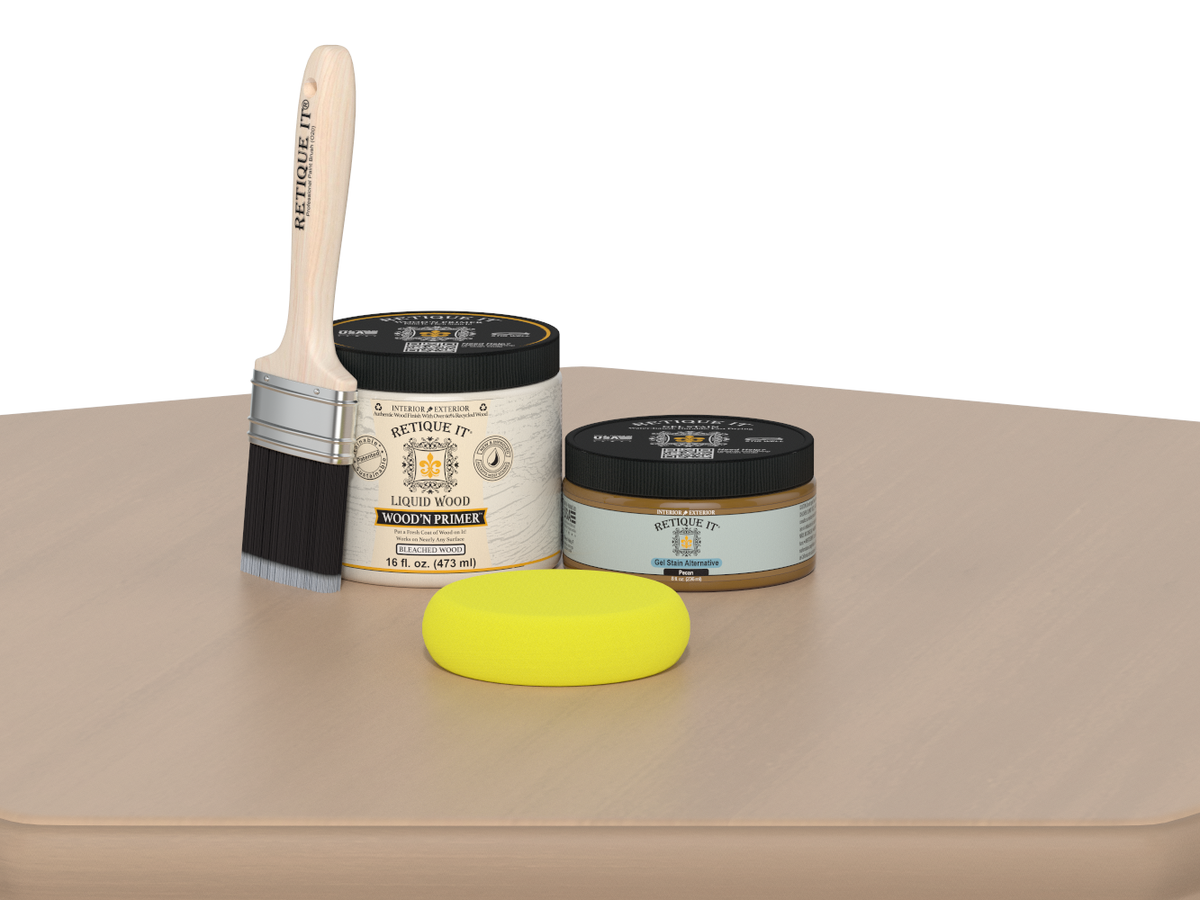Wood primer kit with brush, jar, and sponge on a beige surface