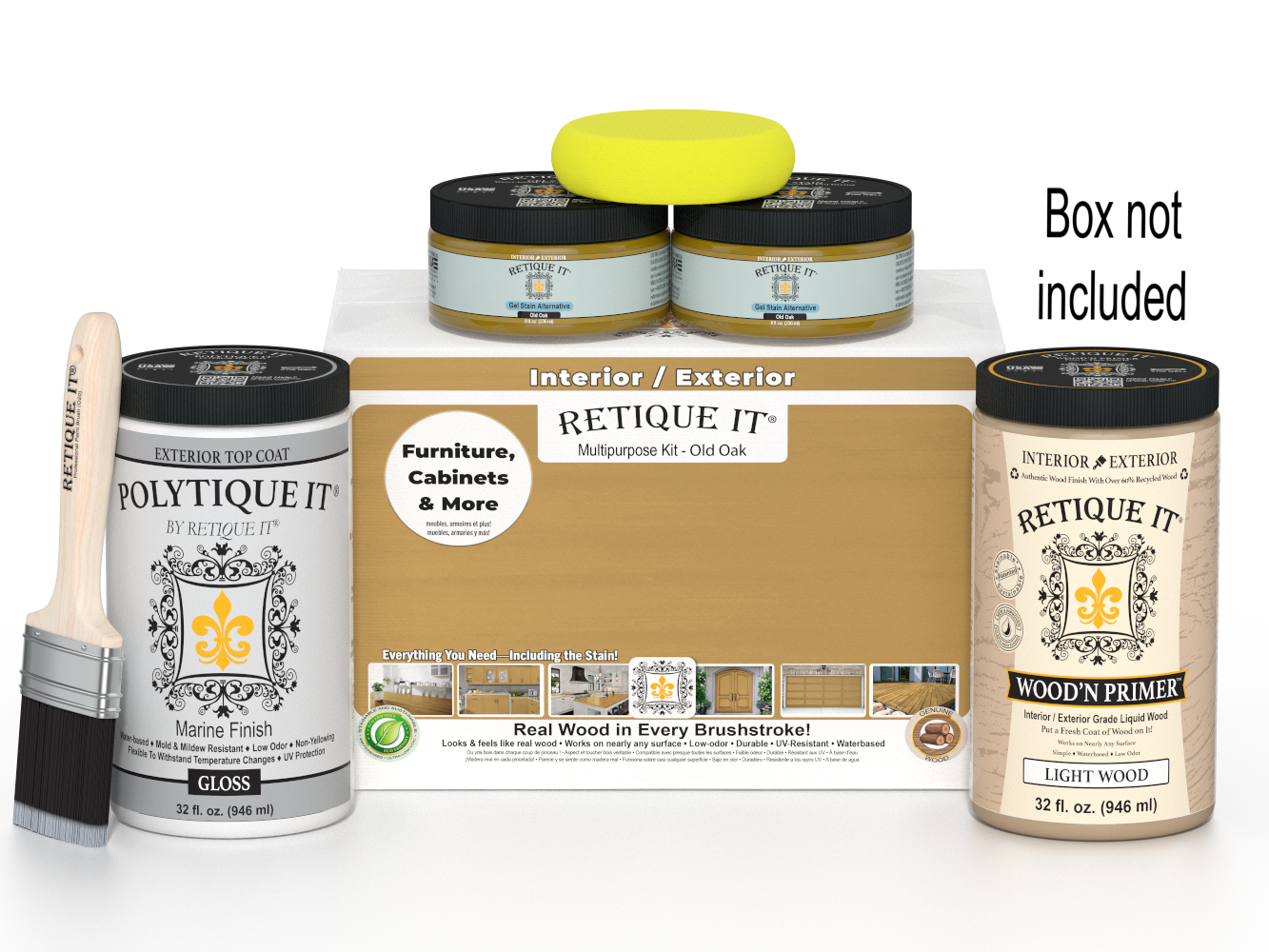 Retique It wood care products including paint cans and a brush on a white background