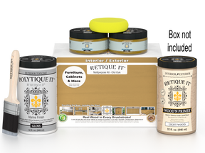 Retique It wood care products including paint cans and a brush on a white background