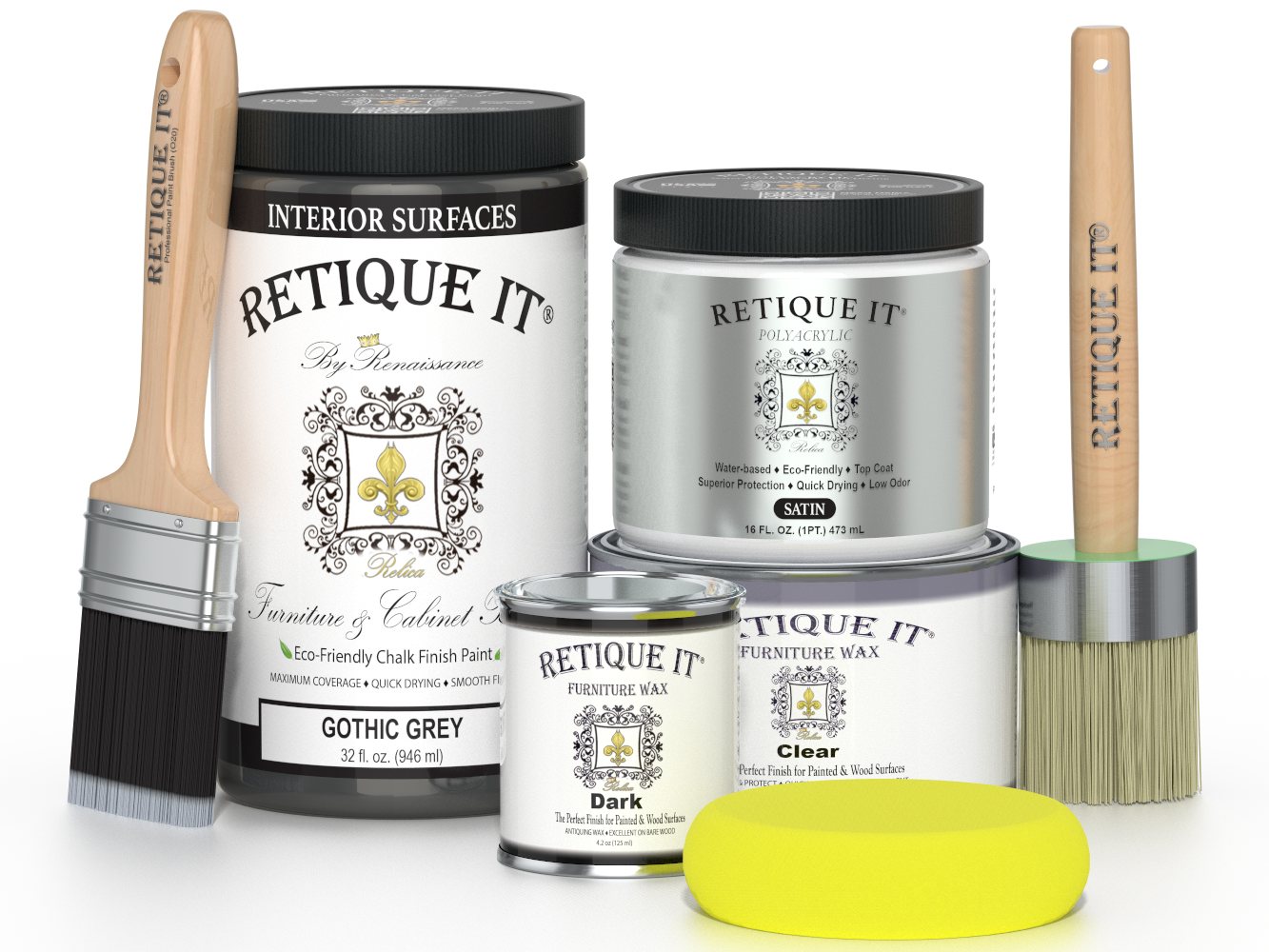 Retique It furniture paint and wax products with brushes and a sponge on a white background