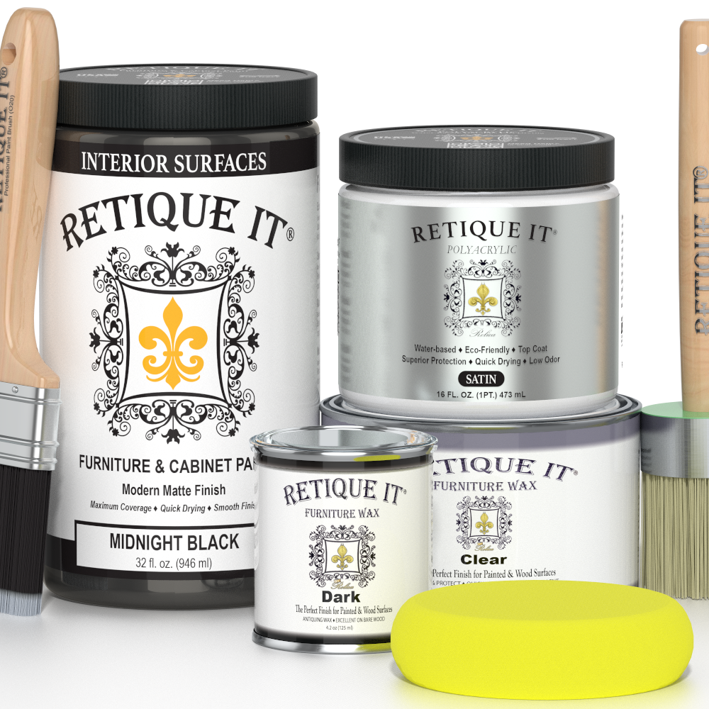 Retique It furniture care products including paint, wax, and polish on a white background