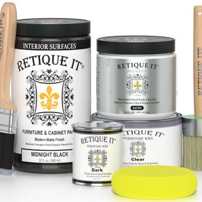 Retique It furniture care products including paint, wax, and polish on a white background