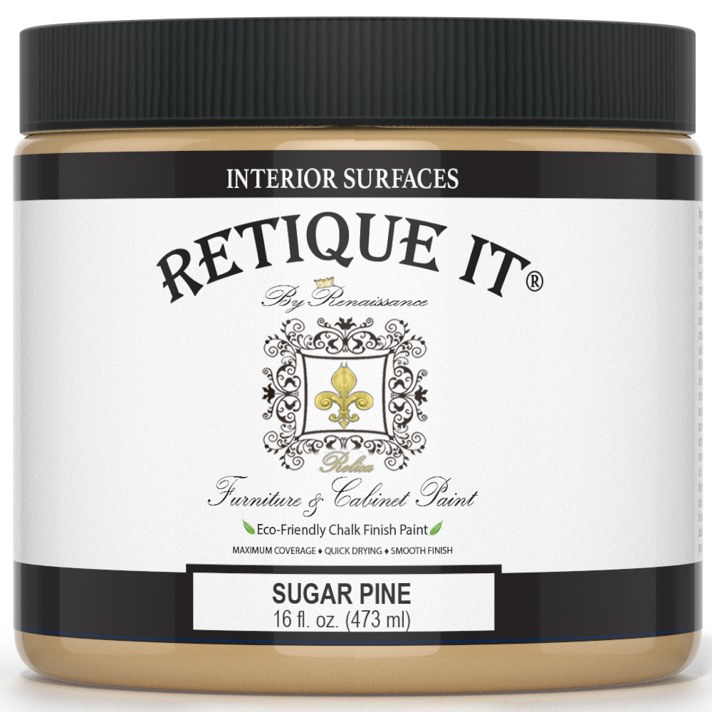 Jar of Retique It furniture paint with 'Sugar Pine' color on a white background