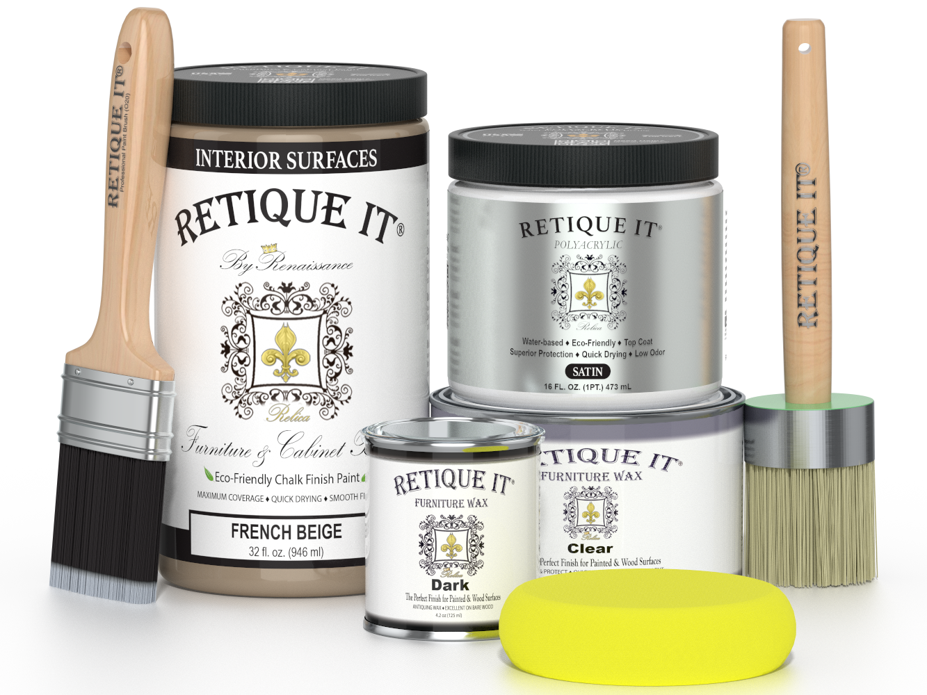 Retique It furniture paint and wax products with brushes and a sponge on a white background