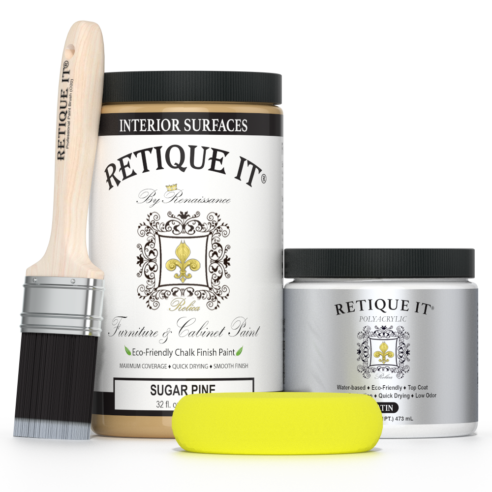 Retique It by Renaissance Sugar Pine furniture and cabinet paint with polyacrylic top coat, paintbrush, and yellow applicator sponge.