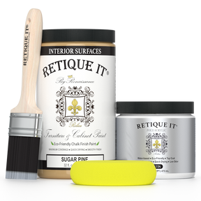 Retique It by Renaissance Sugar Pine furniture and cabinet paint with polyacrylic top coat, paintbrush, and yellow applicator sponge.