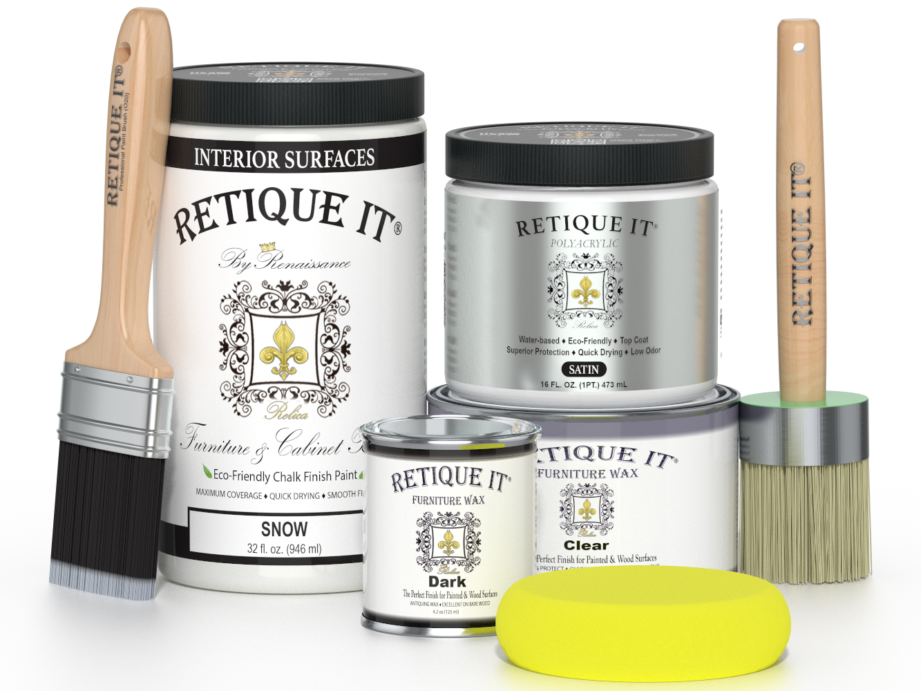 Retique It furniture paint and wax products with brushes and a sponge on a white background