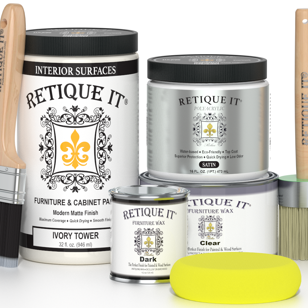 Retique It furniture care products including paint, wax, and finish on a white background