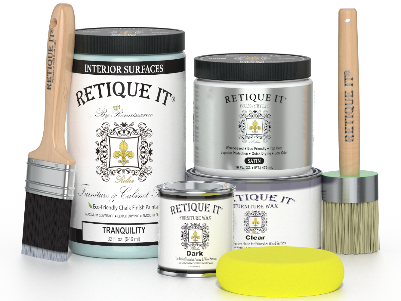 Retique It furniture paint and wax with brushes on a white background