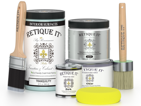 Retique It furniture paint and wax with brushes on a white background