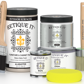 Retique It furniture care products including paint, wax, and polish on a white background.