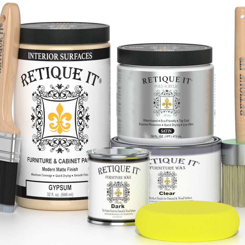 Retique It furniture care products including paint, wax, and polish on a white background