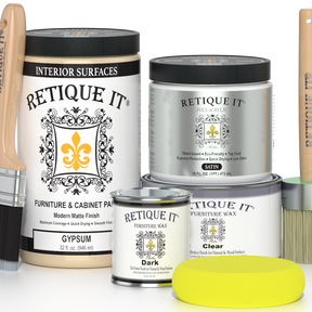 Retique It furniture care products including paint, wax, and polish on a white background