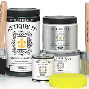 Retique It furniture care products including paint, wax, and polish on a white background