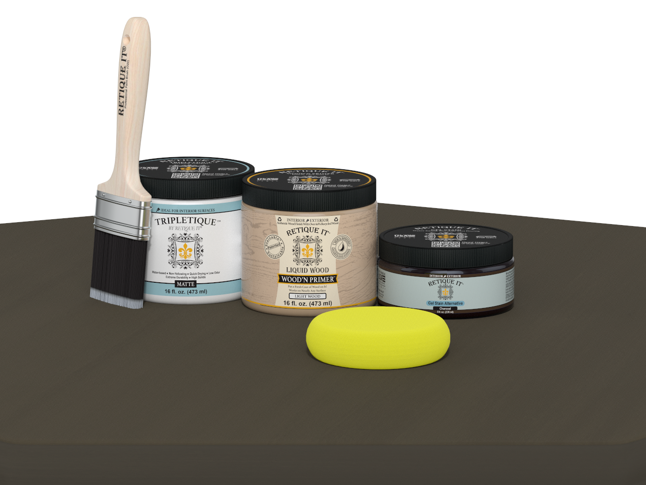 Collection of paint-related products including jars, a brush, and a sponge on a gray surface.