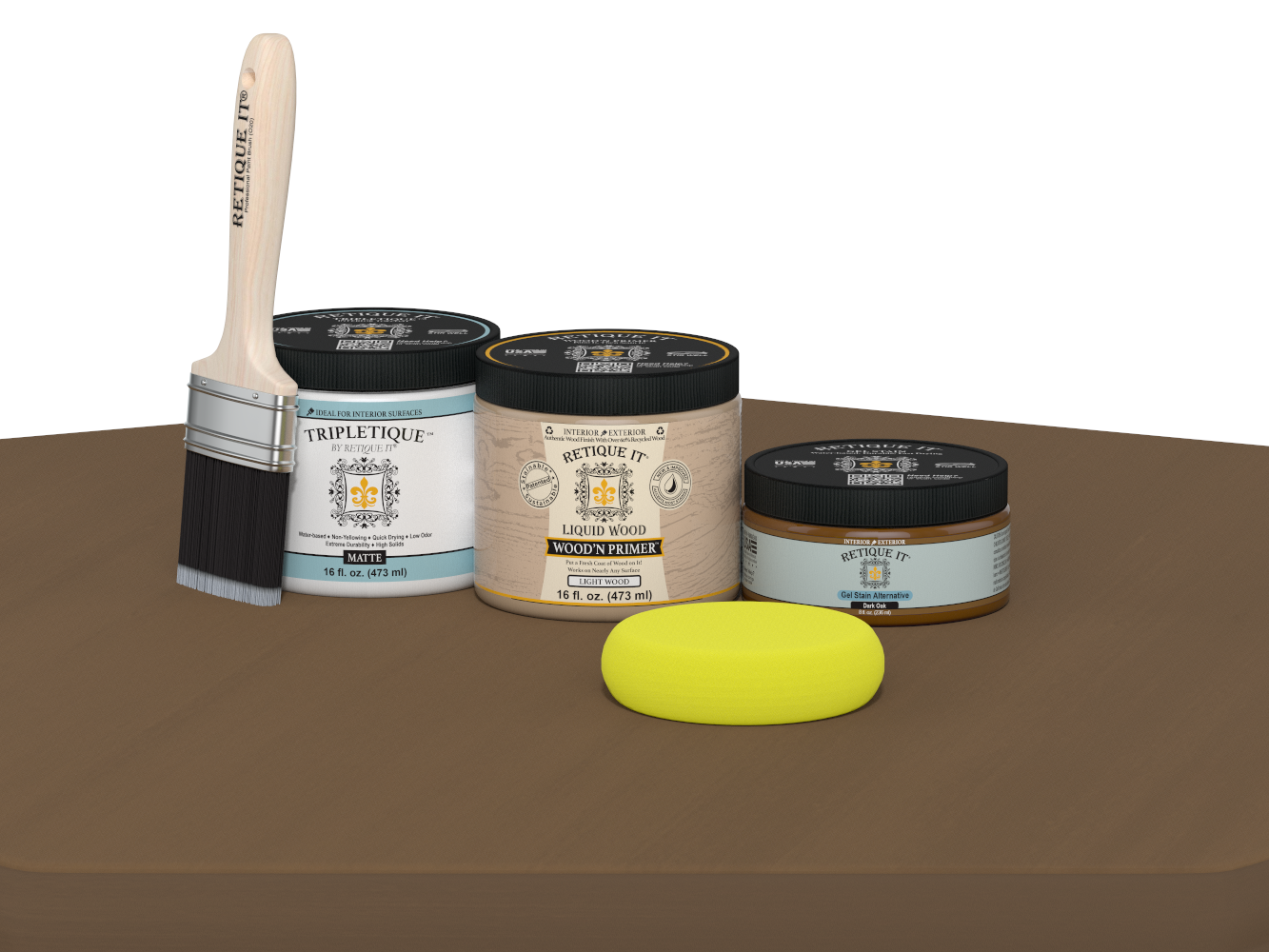 Collection of paint-related products including jars, a brush, and a sponge on a brown surface.