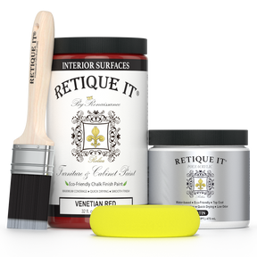 Retique It by Renaissance Venetian Red furniture and cabinet paint with polyacrylic top coat, paintbrush, and yellow applicator sponge.