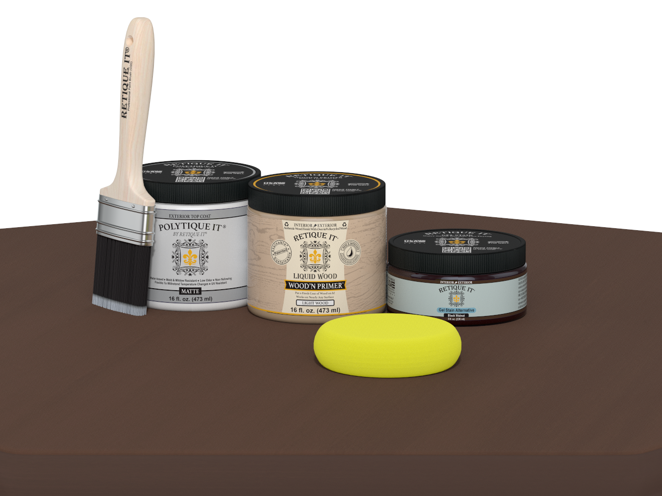 Collection of paint-related products including a brush, jars, and a sponge on a brown surface.
