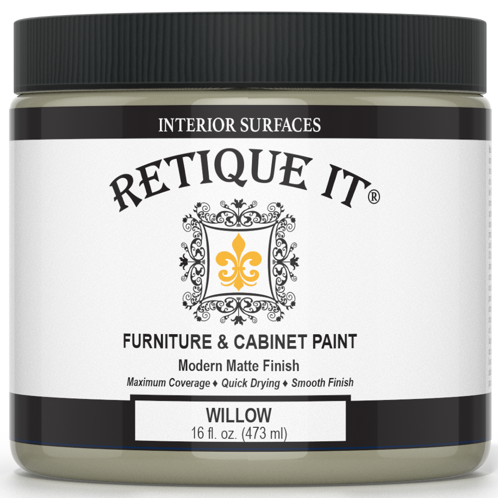Jar of Retique It furniture and cabinet paint with 'Willow' color on a white background