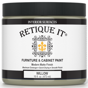 Jar of Retique It furniture and cabinet paint with 'Willow' color on a white background