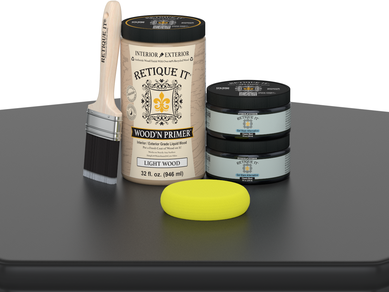 Retique It wood primer set with a brush and sponge on a gray surface
