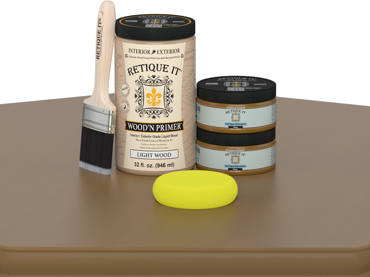 Retique It wood primer set with paintbrush and sponge on a brown surface