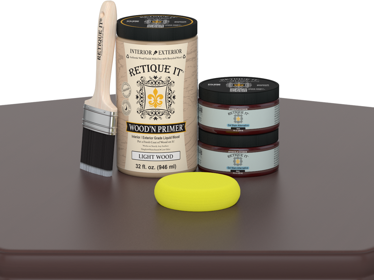 Retique It wood primer set with a brush, containers, and a yellow sponge on a gray surface.