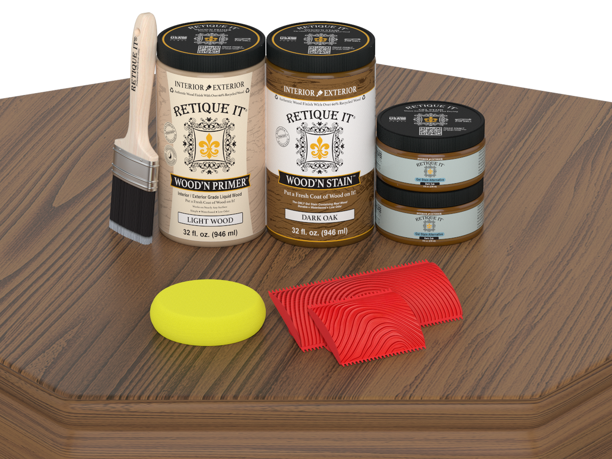 Wood care products including a brush, primer, stain, and applicators on a wooden surface.