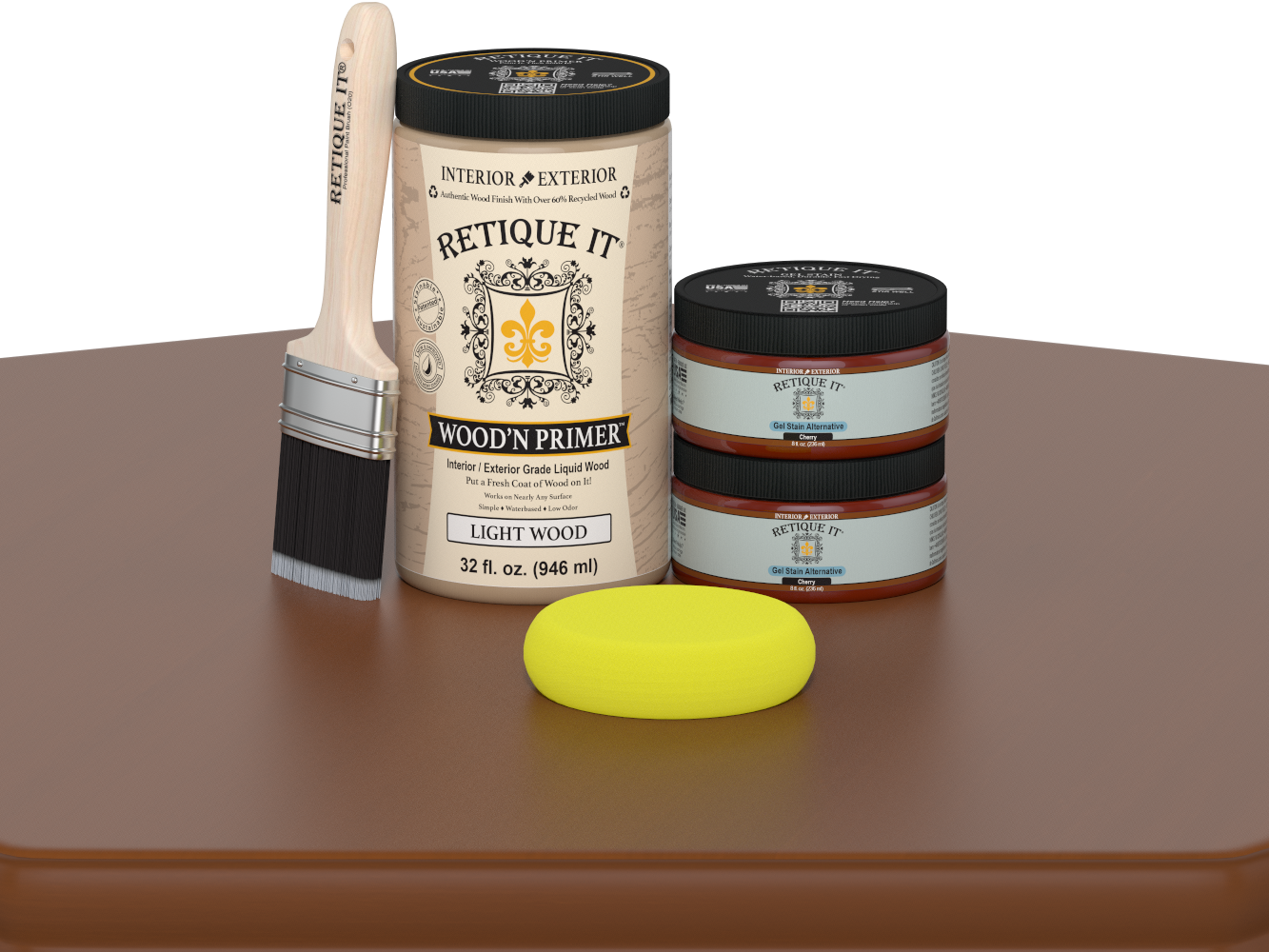 Retique It wood primer with a brush and sponge on a brown surface