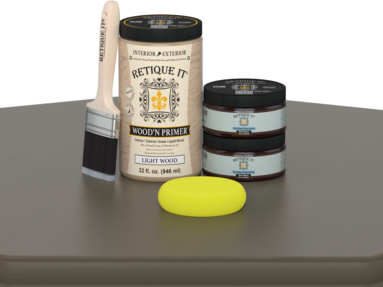 Retique It wood primer set with a brush and sponge on a gray surface