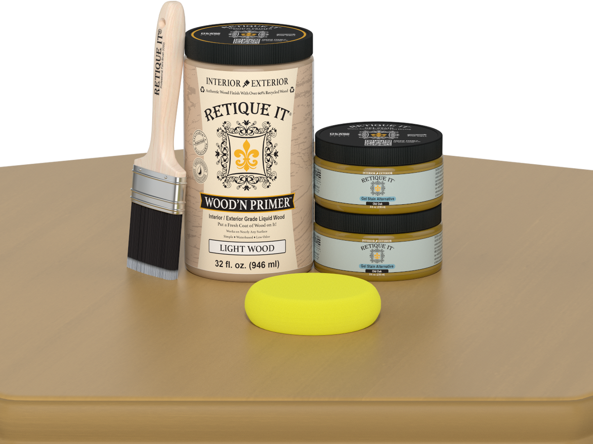 Retique It wood primer set with a brush and sponge on a beige surface