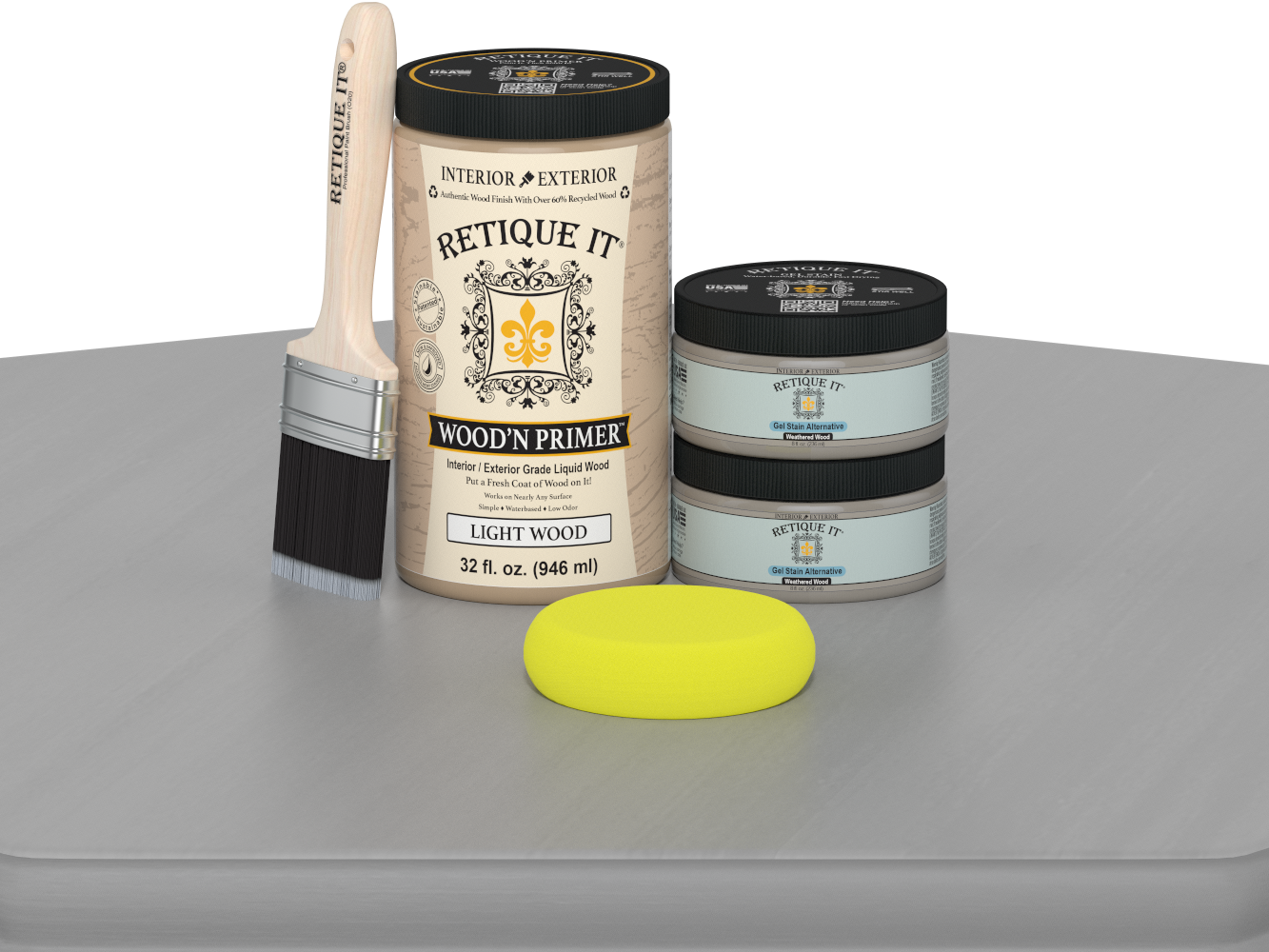 Retique It wood primer with a brush and sponge on a gray surface