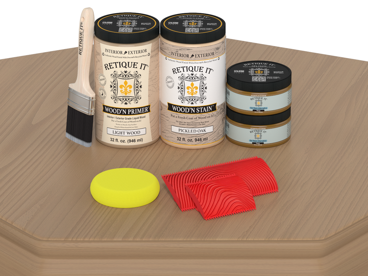Retique It wood care products including primer, stain, and applicators on a wooden surface.