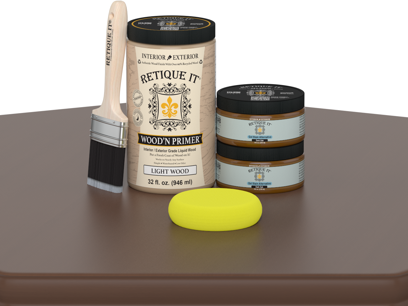 Retique It wood primer set with a brush and sponge on a brown surface