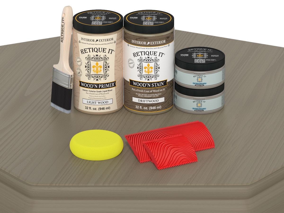 Wooden stain and primer set with tools on a wooden surface