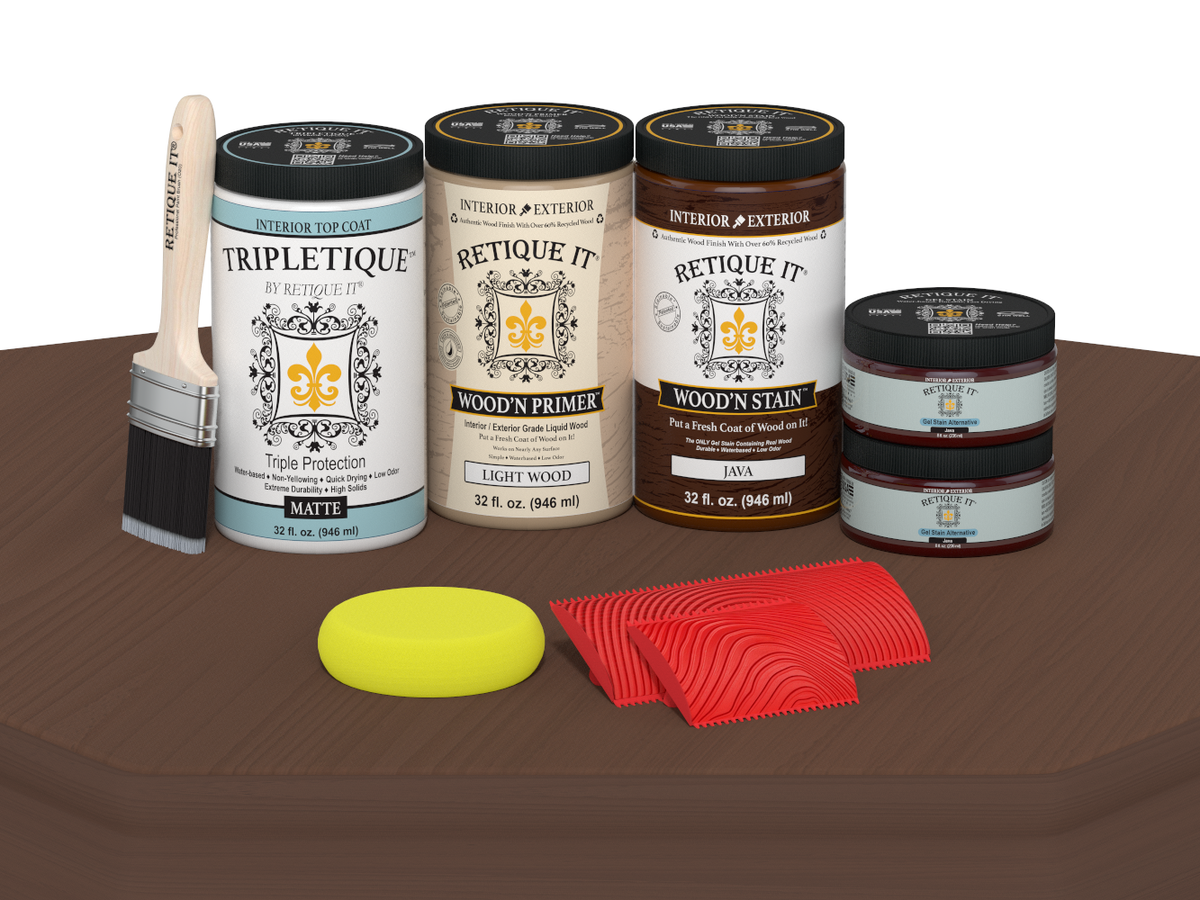 Large Java Wood'n Finish Kit by Retique It® with interior top coat, including wood finish supplies and application tools.