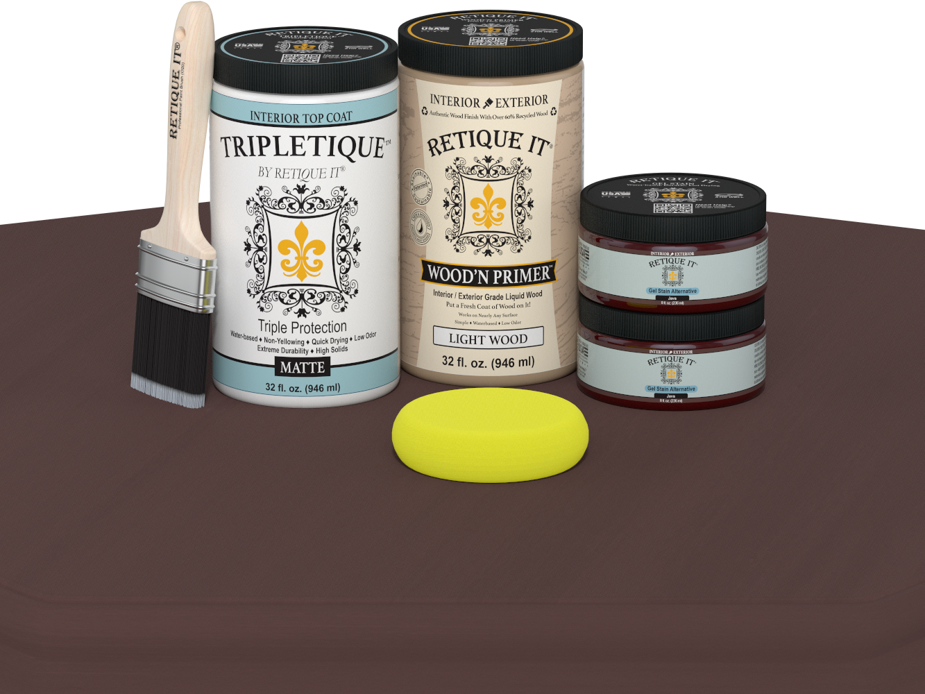 Collection of paint cans and a brush on a brown surface with a white background