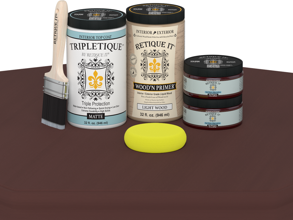 Paint cans and a brush on a brown surface with a white background