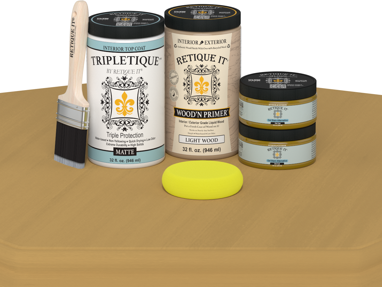 Collection of paint cans and a brush on a beige surface